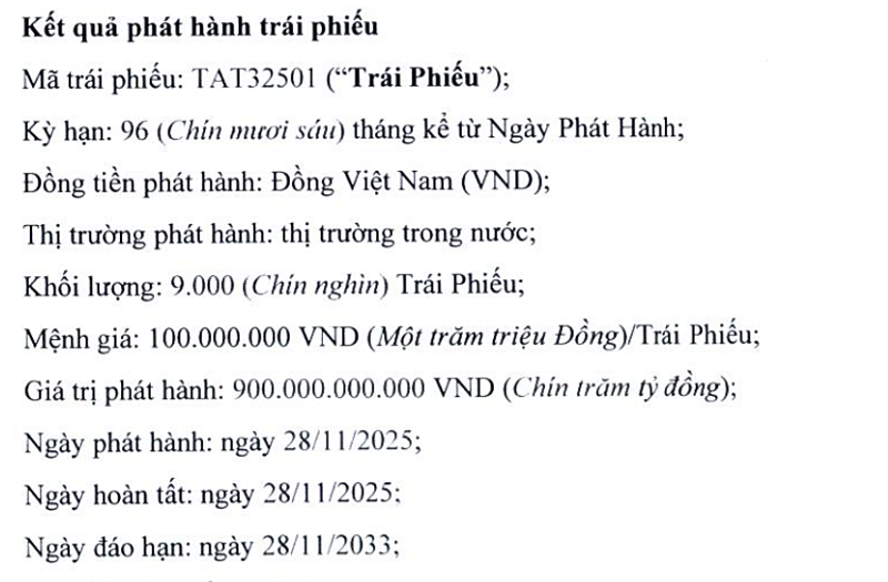 Đầu tư Xây dựng Tam Trinh huy động 900 tỷ đồng từ lô trái phiếu TAT32501.
