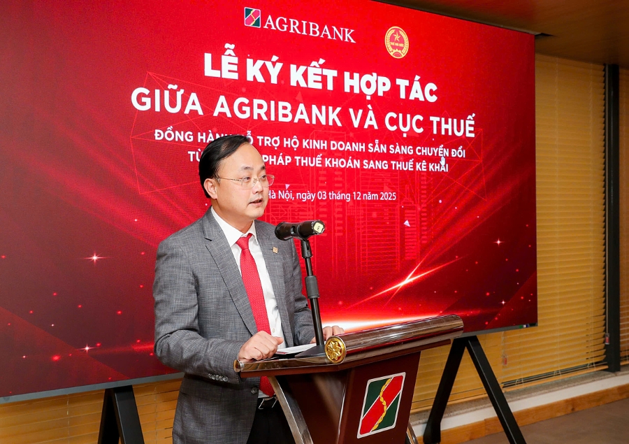 Ông Tô Huy Vũ - Chủ tịch Hội đồng thành viên Agribank phát biểu tại Lễ ký kết.