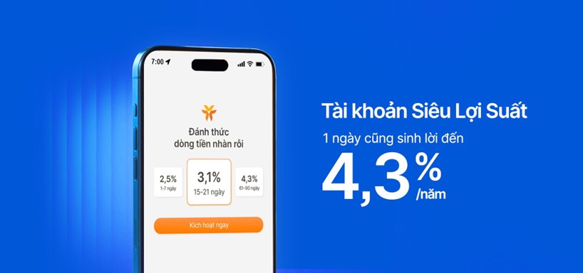 Tài khoản siêu lợi suất, 1 ngày sinh lời đến 4,3%/năm.