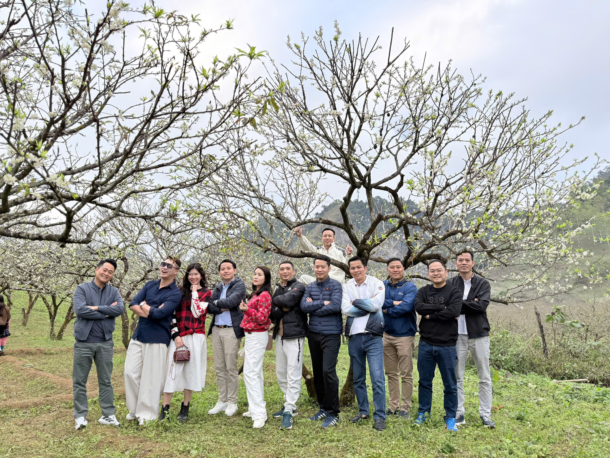 Chị Nga và những đồng nghiệp thích thú khi lần đầu được trải nghiệm  hoa mận nở tại Mộc Châu, Sơn La.