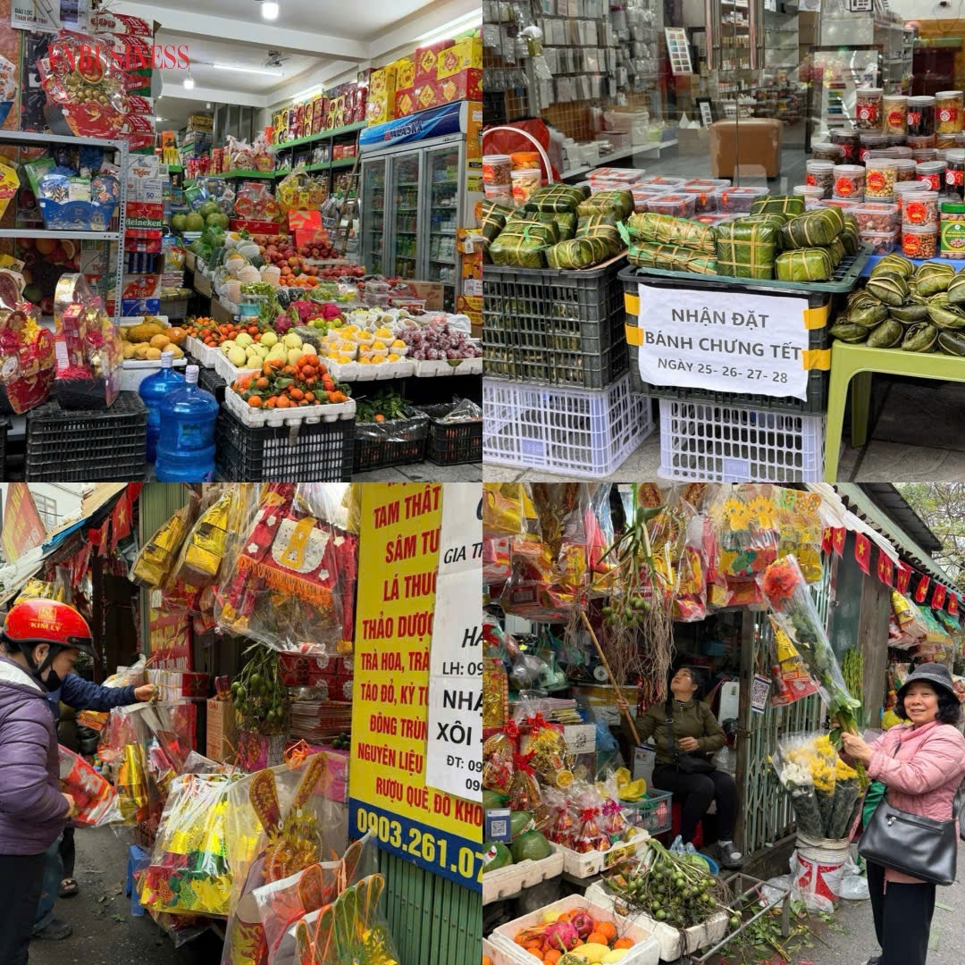 Bánh chưng và đồ lễ Tết tại các chợ dân sinh.