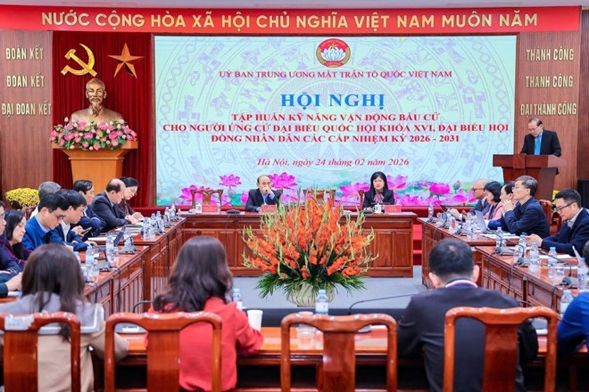 Ngày 24.2, Ủy ban Trung ương MTTQ Việt Nam tổ chức Hội nghị trực tiếp kết hợp trực tuyến tập huấn kỹ năng vận động bầu cử cho người ứng cử đại biểu Quốc hội khóa XVI, đại biểu Hội đồng nhân dân các cấp nhiệm kỳ 2026 - 2031.