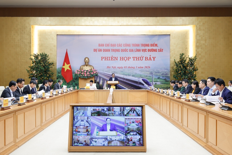 Thủ tướng Phạm Minh Chính, Trưởng Ban Chỉ đạo các công trình trọng điểm, dự án quan trọng quốc gia lĩnh vực đường sắt chủ trì phiên họp.