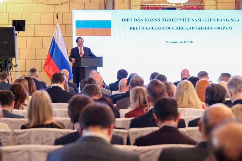 Thủ tướng Chính phủ Phạm Minh Chính phát biểu tại diễn đàn doanh nghiệp Việt Nam – Liên bang Nga. Ảnh: VPG