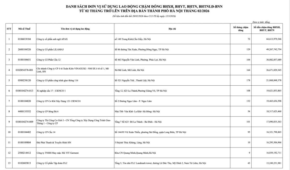 Bảo hiểm xã hội Hà Nội vừa công bố danh sách đơn vị chậm đóng bảo hiểm xã hội từ 2 tháng trở lên.