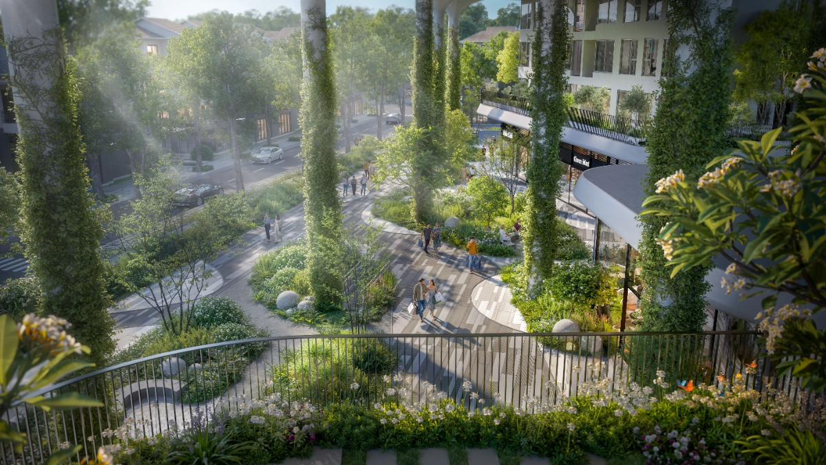 Cảnh quan nối liền 4 tòa tạo nên không gian xanh mát tại tầng 1 Forest Onsen.