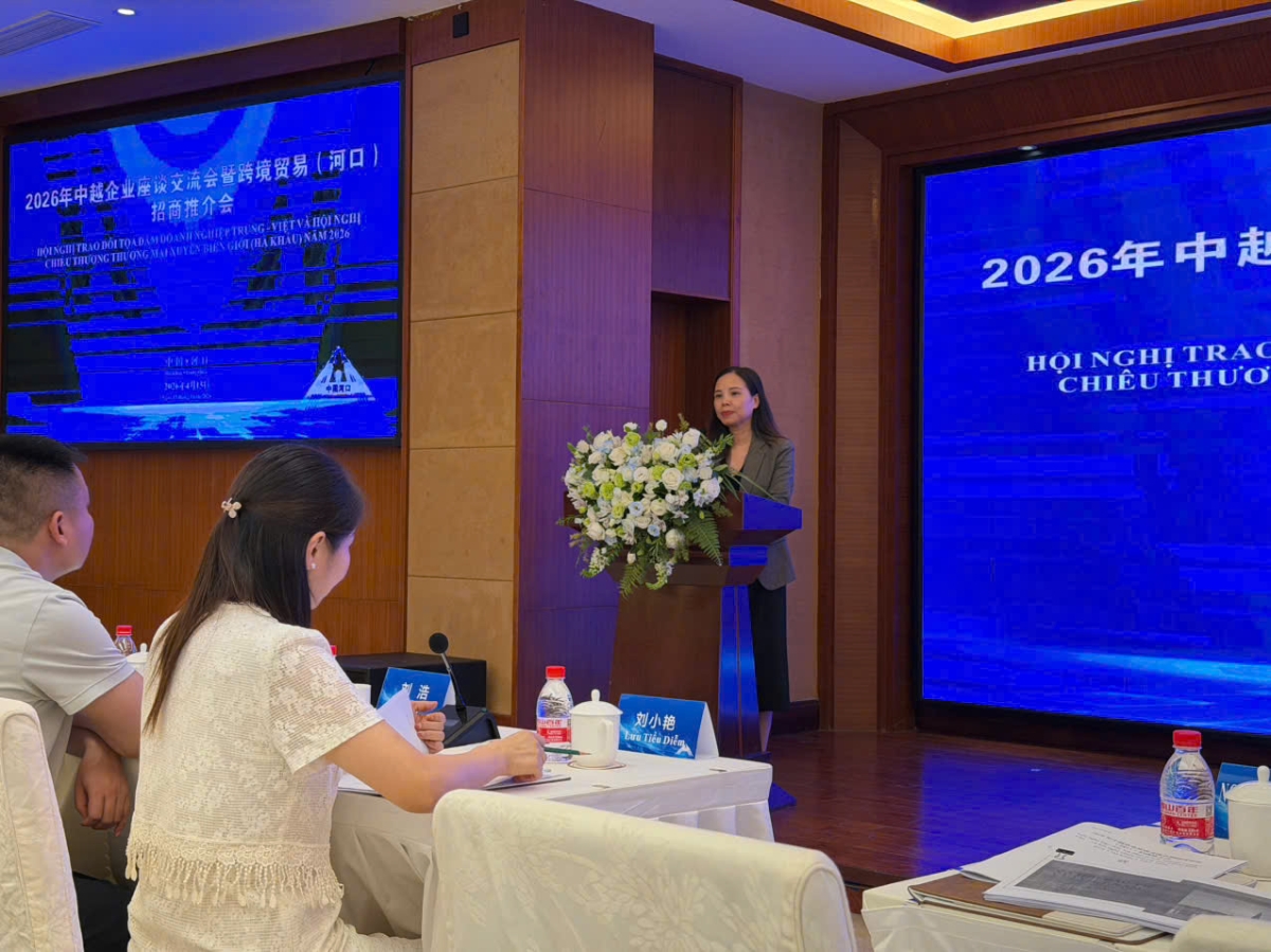 Bà Nguyễn Thị Thu Thủy - Phó Giám đốc Trung tâm Hỗ trợ xúc tiến thương mại và đầu tư phát biểu tại tọa đàm, giới thiệu các cơ hội hợp tác kinh doanh, đầu tư với Việt Nam.