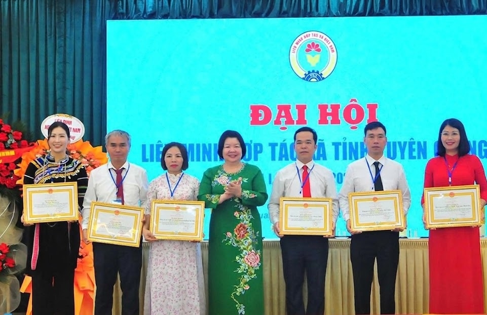 Chủ tịch Liên minh HTX Việt Nam Cao Xuân Thu vân tặng bằng khen cho các tập thể, cá nhân.