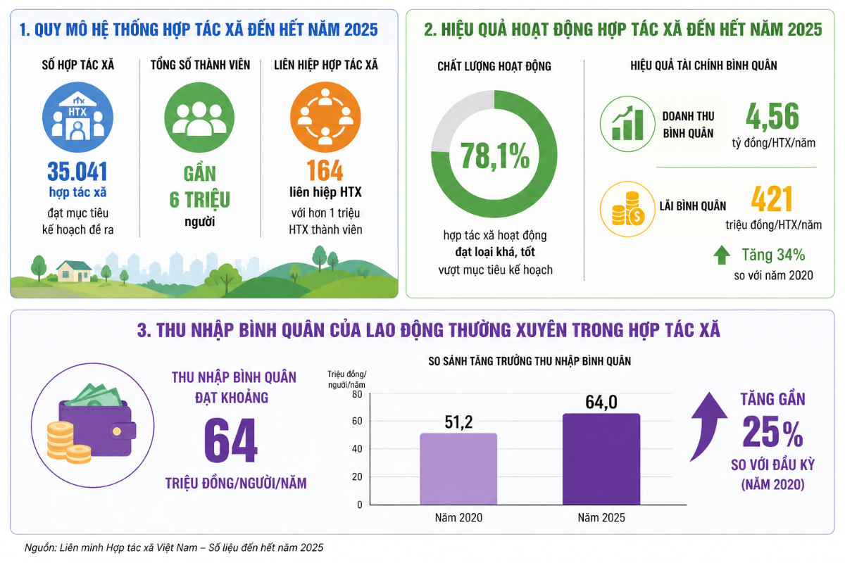 Các chỉ số chính của kinh tế tập thể, HTX năm 2025 (Nguồn: VnBusiness).