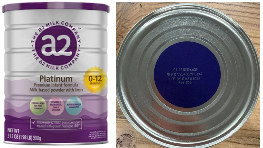 Sản phẩm sữa bột a2 Platinum Premium dành cho trẻ 0-12 tháng tuổi bị thu hồi tại thị trường Mỹ.