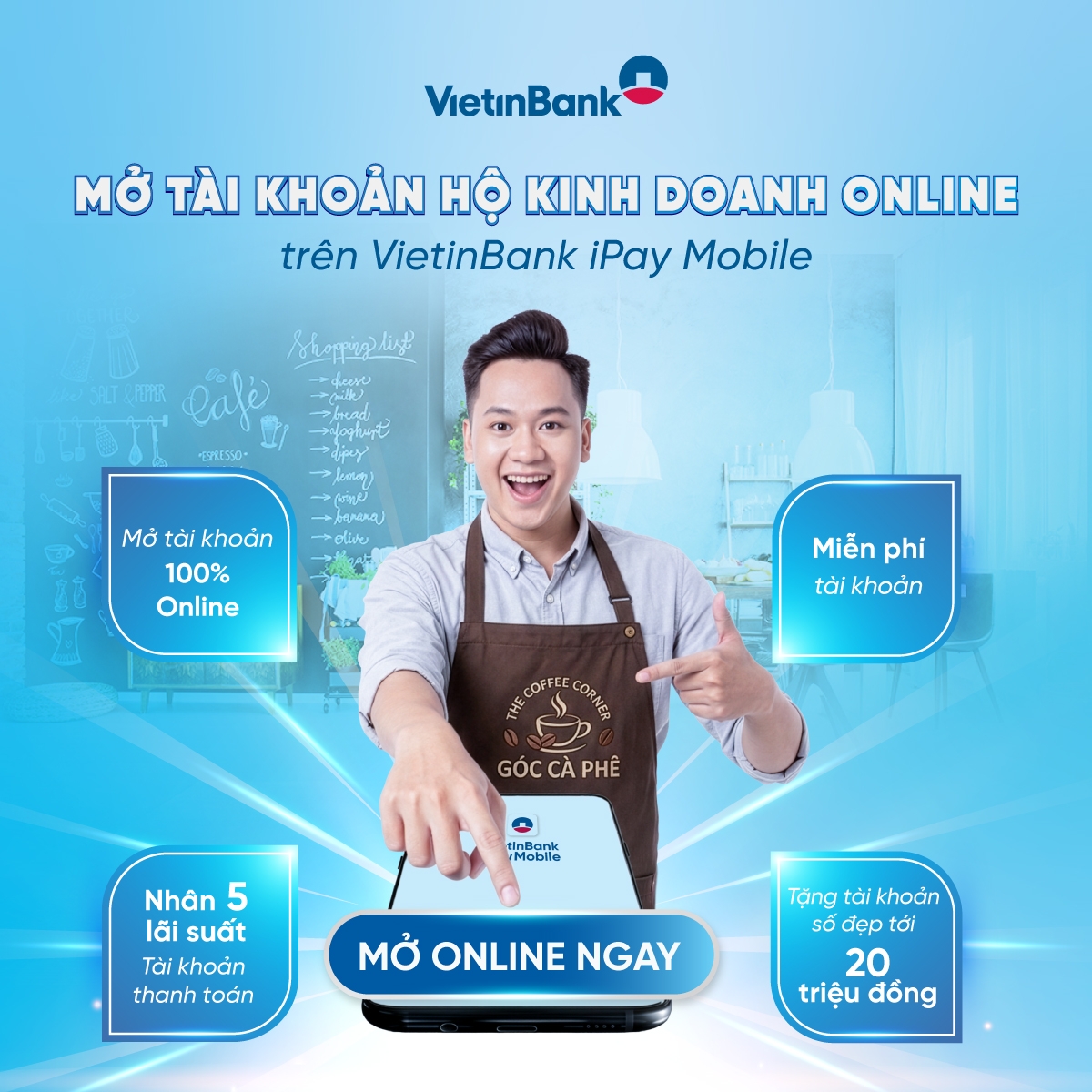 Từ ngày 22/4/2026, VietinBank triển khai tính năng mở tài khoản Hộ kinh doanh hoàn toàn online trên VietinBank iPay Mobile.