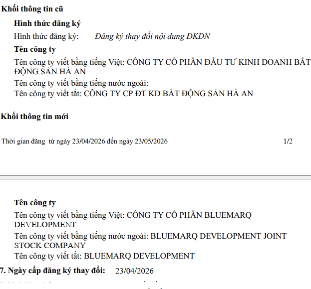 Công ty Hà An đổi tên mới thành Bluemarq Development từ ngày 23/4/2026.