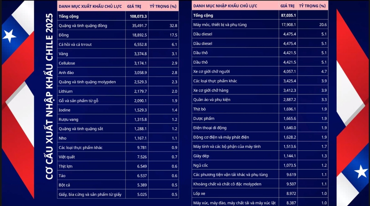 Cơ cấu xuất nhập khẩu của thị trường Chile năm 2025.