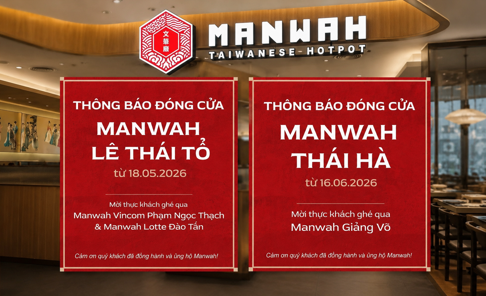 Manwah liên tiếp thông báo đóng hai nhà hàng tại khu vực trung tâm Hà Nội.