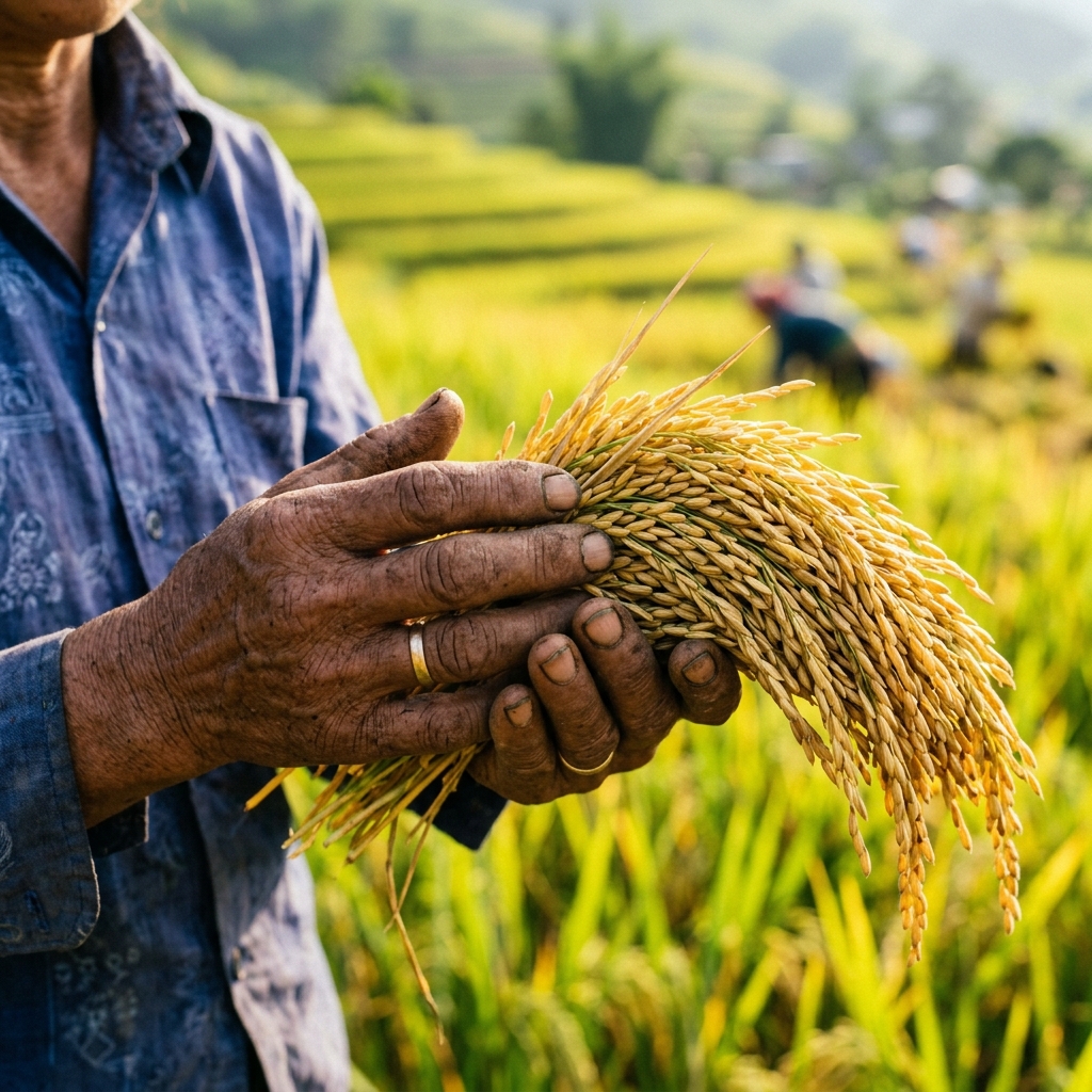 Bàn tay người nông dân cầm lúa vàng