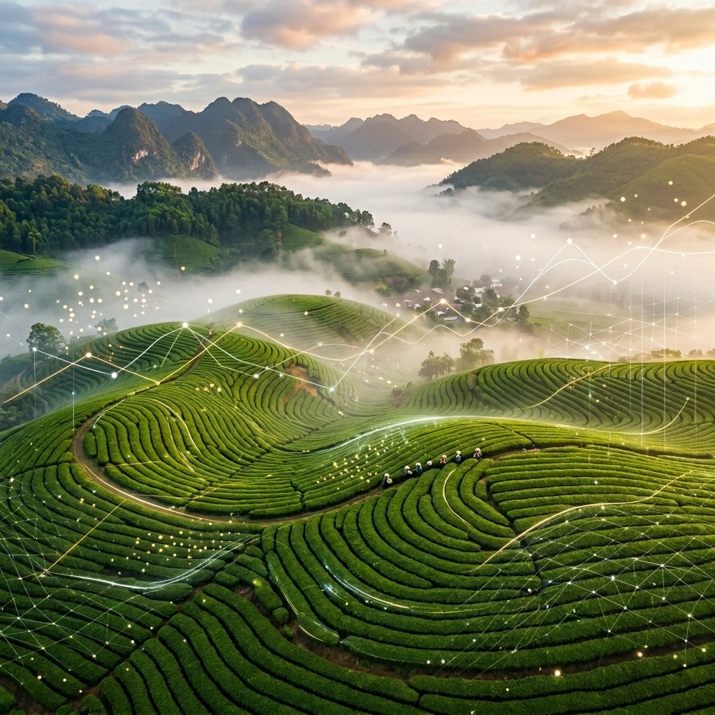 Đồi chè Sơn La mờ sương tích hợp dữ liệu số