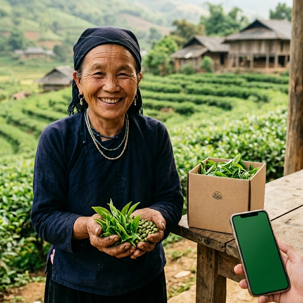 Ảnh người nông dân Sơn La và QR khổng lồ mờ