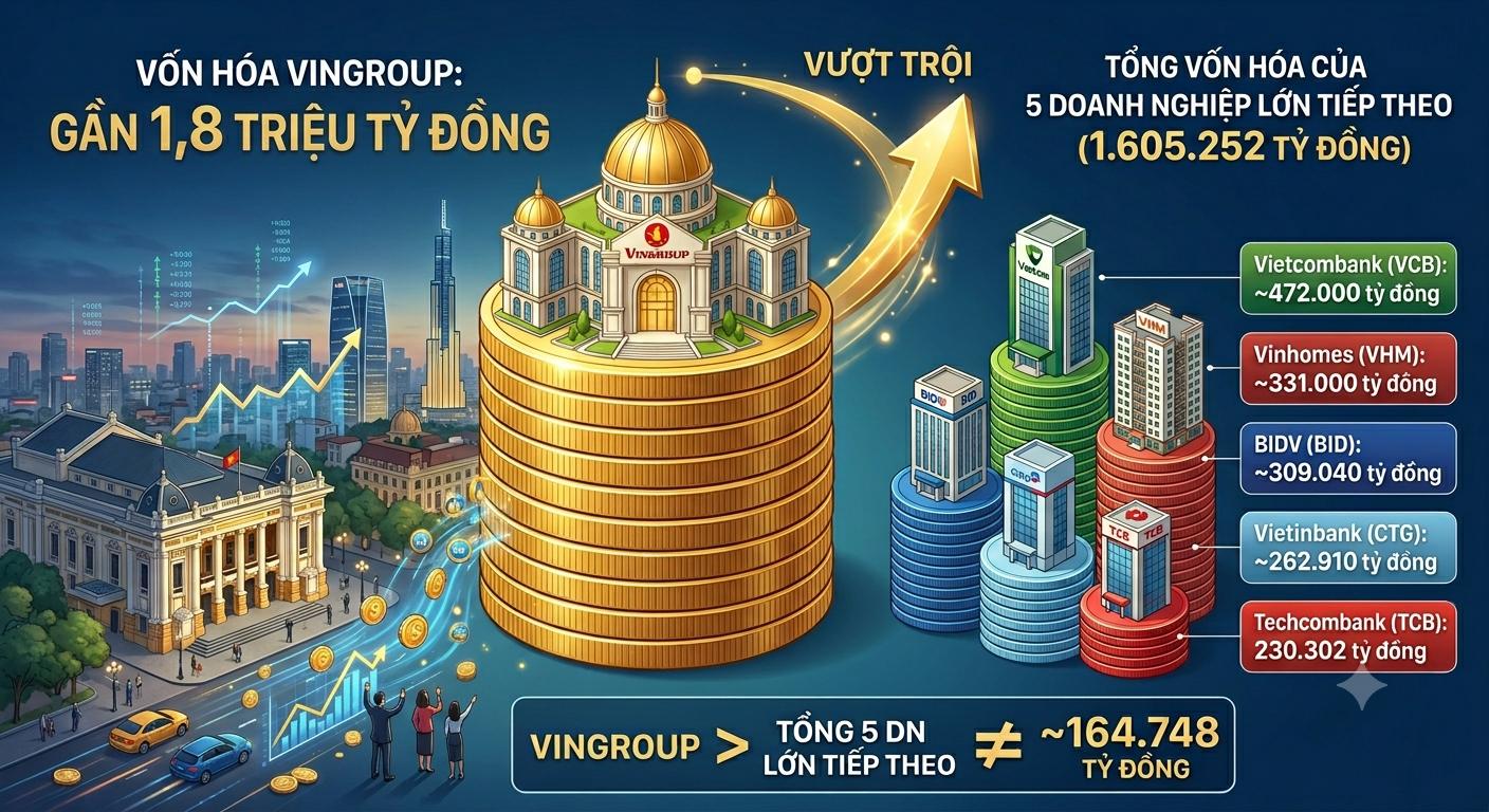 Vingroup vốn hóa gần 1,8 triệu tỷ đồng, bỏ xa 5