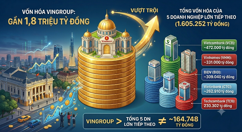 Vingroup vốn hóa gần 1,8 triệu tỷ đồng, bỏ xa 5 "ông lớn" phía sau cộng lại
