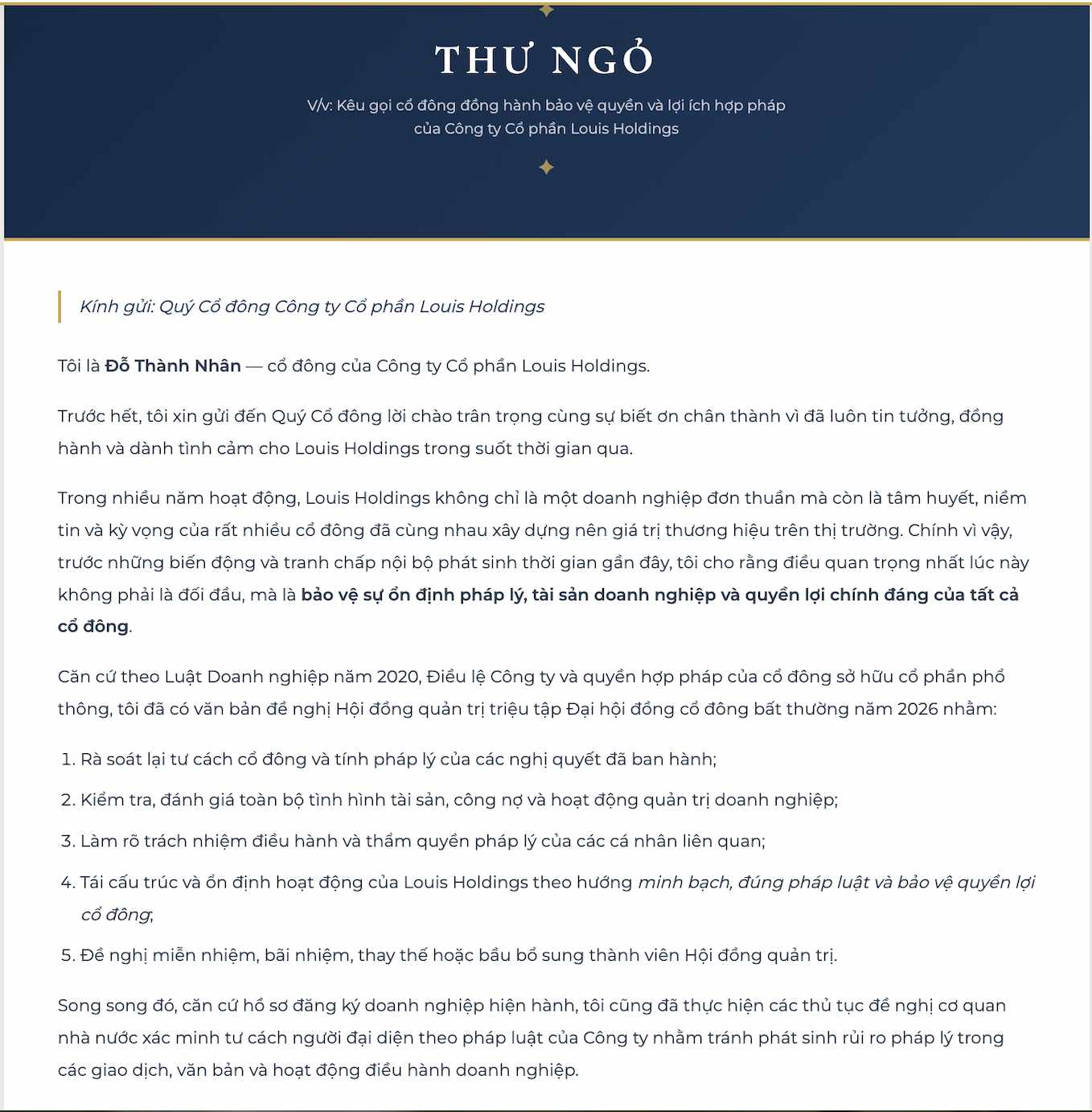 Thư ngỏ của ông Đỗ Thành Nhân tới cổ đông Công ty Louis Holdings.