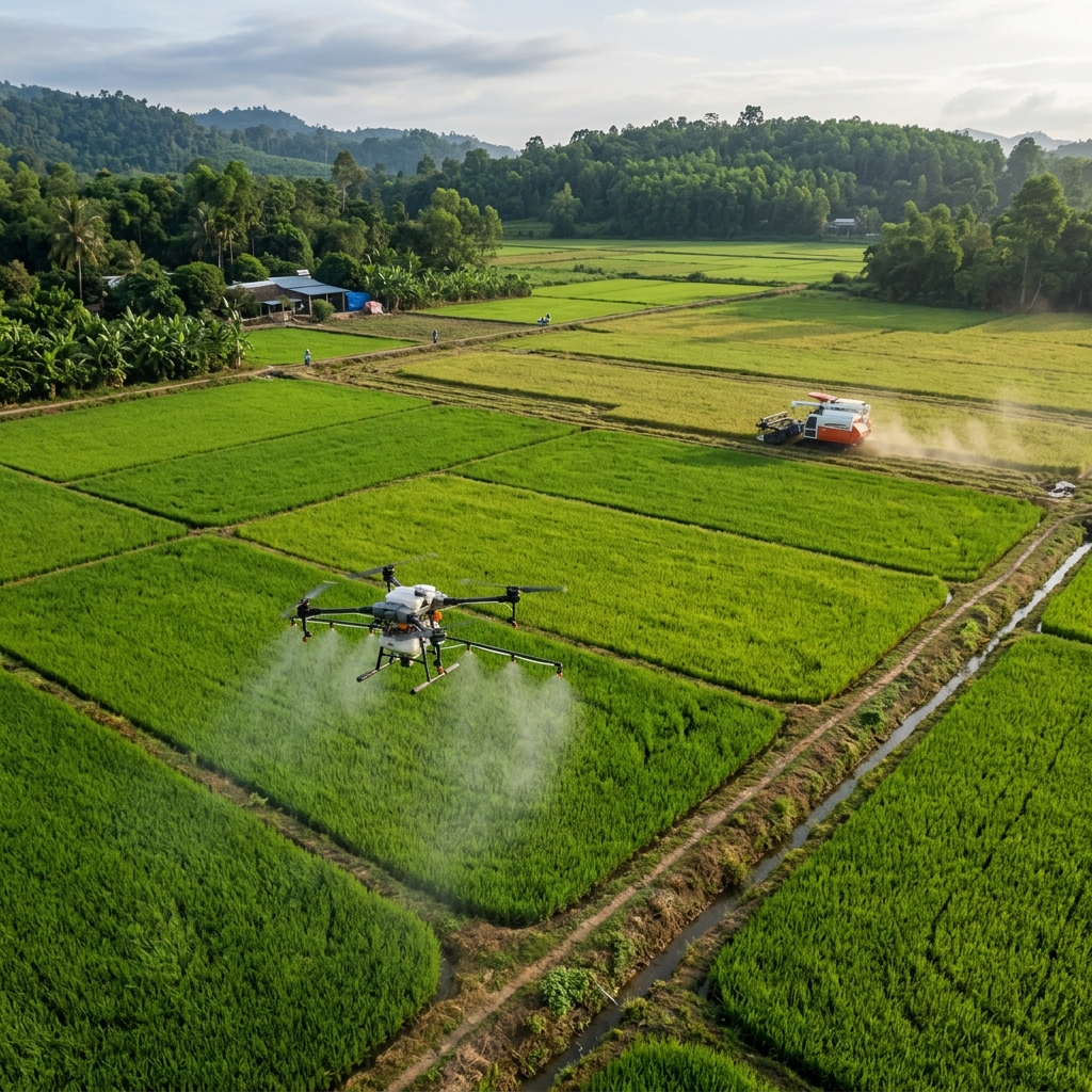 Drone nông nghiệp bay trên cánh đồng lúa Cát Tiên