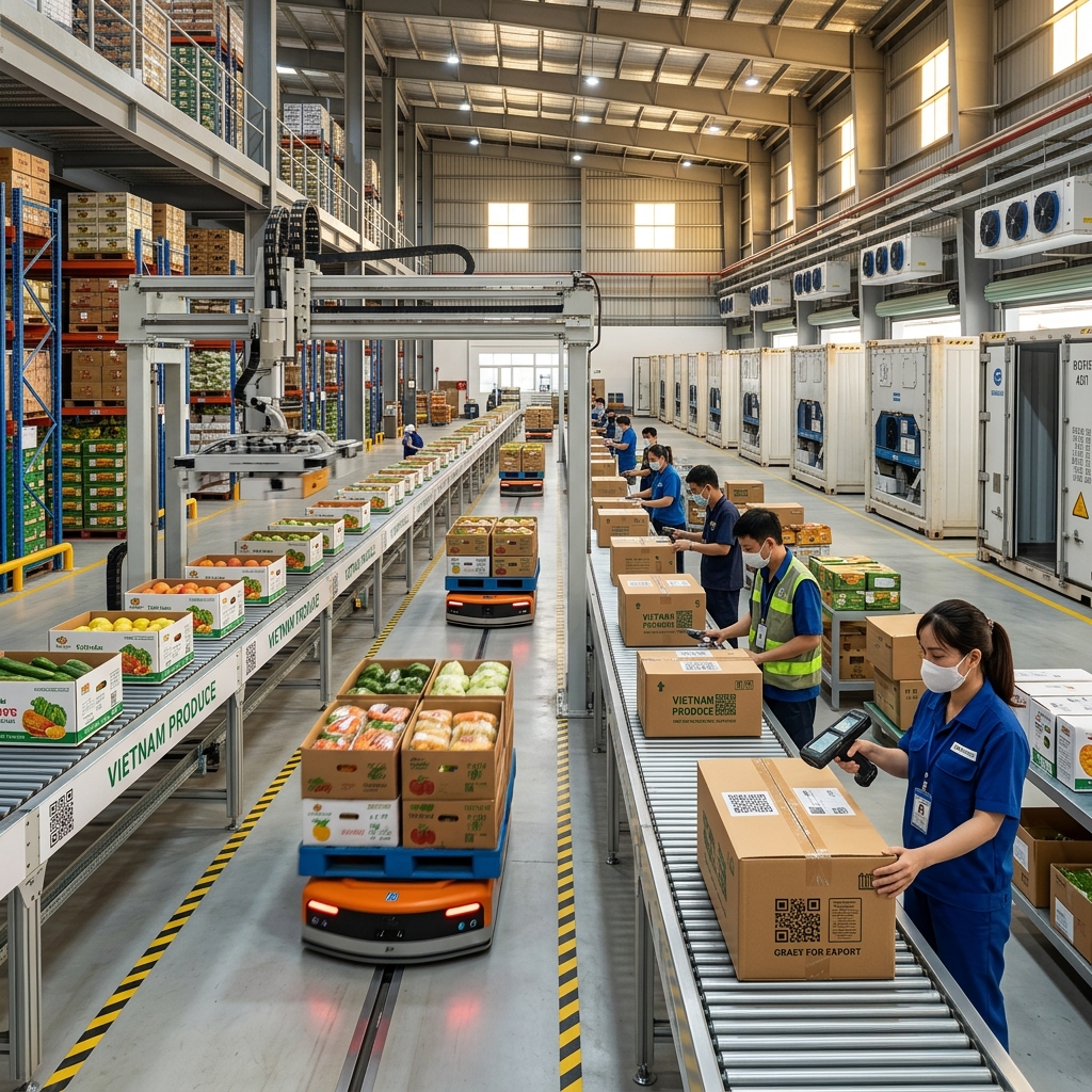 Kho đóng gói xuất khẩu hiện đại và robot quét mã QR