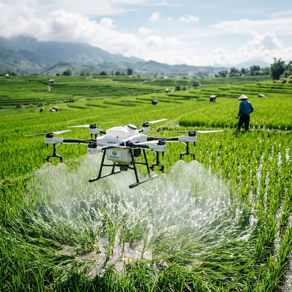 Drone nông nghiệp bay trên cánh đồng lúa