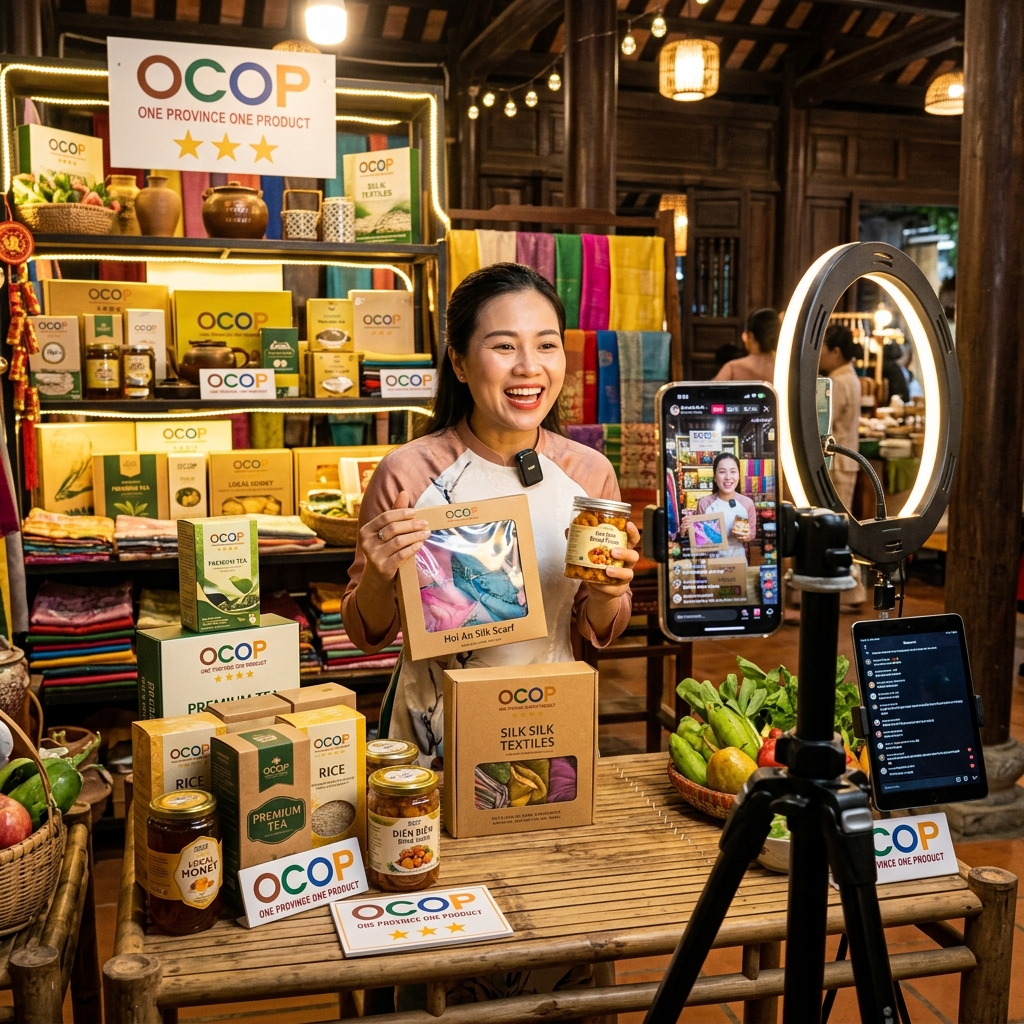 Buổi livestream bán hàng thủ công và dệt lụa của thành viên HTX