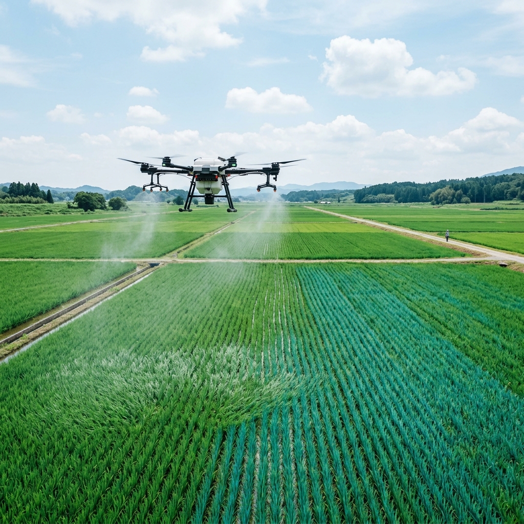 Thiết bị bay không người lái drone đang phun thuốc trên cánh đồng lúa xanh rộng lớn liên kết sản xuất nông nghiệp công nghệ cao