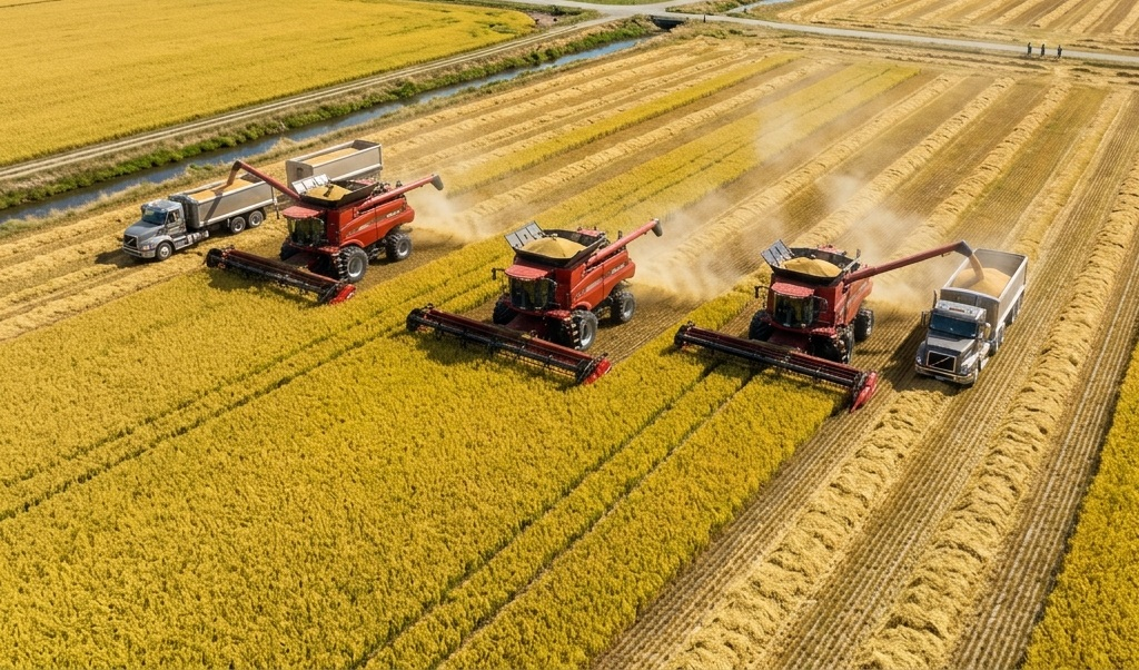 Máy gặt đập liên hợp hiện đại gặt lúa trên cánh đồng lớn liên kết sản xuất tập trung của HTX