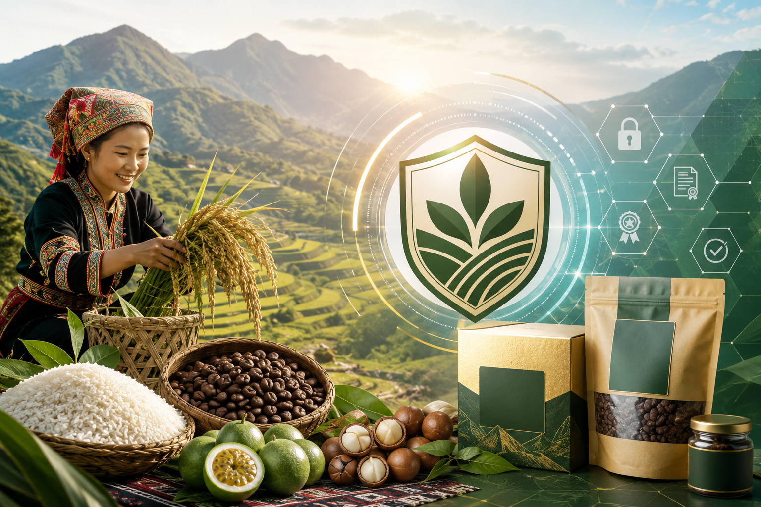 Sản phẩm nông sản Điện Biên - Bao gạo Mường Thanh, Tem QR, Nhãn OCOP, Dứa Pu Lau