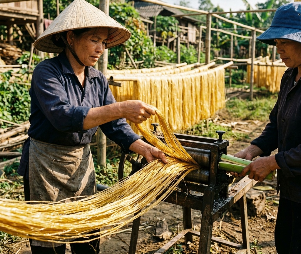 Người nông dân đang kéo và tuốt sợi chuối vàng dưới nắng hừng đông tại Hương Trà