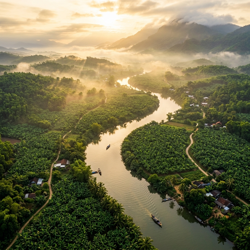 Cánh đồng chuối Hương Trà nhìn từ trên cao lúc hừng đông