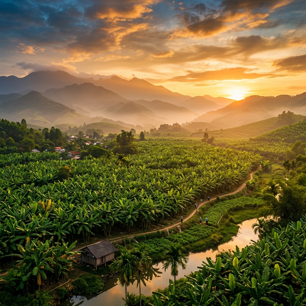 Ruộng chuối Hương Trà lúc hoàng hôn vàng ấm