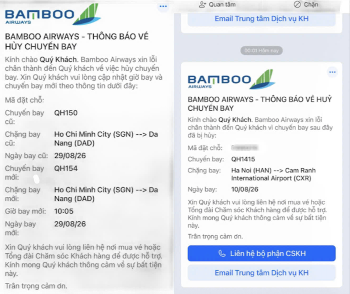Nhiều hành khách nhận được thông báo huỷ chuyến của Bamboo Airways