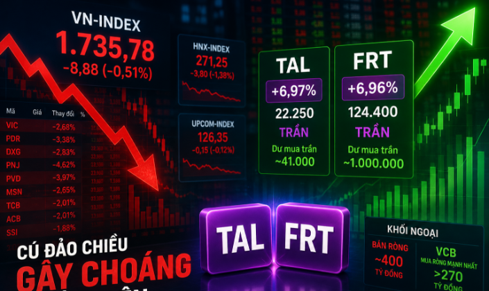 Cú đảo chiều gây choáng cuối phiên: VN-Index mất gần 9 điểm, TAL và FRT trắng bên bán