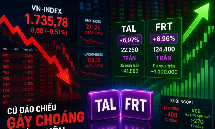 Cú đảo chiều gây choáng cuối phiên: VN-Index mất gần 9 điểm, TAL và FRT trắng bên bán