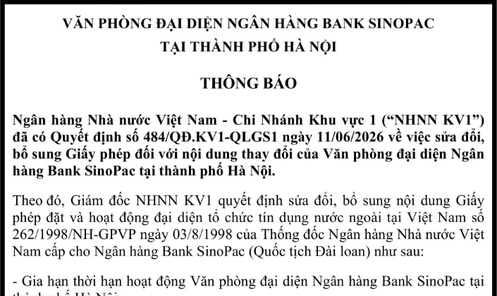 Văn phòng đại diện Ngân hàng Bank SinoPac tại thành phố Hà Nội gia hạn thời hạn hoạt động
