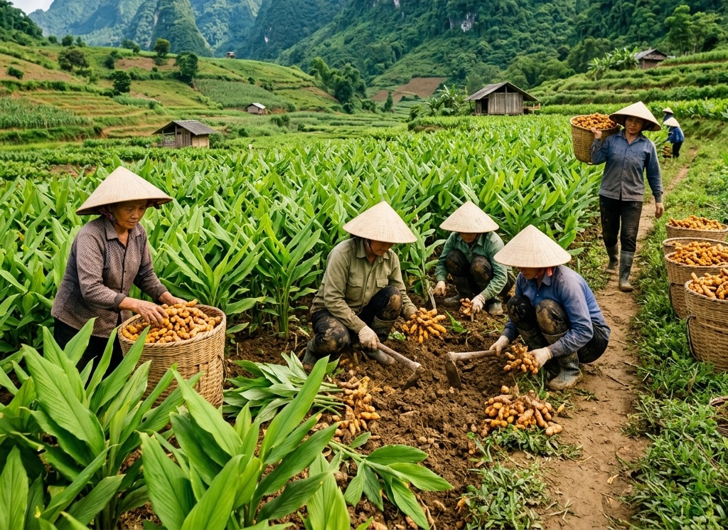 Vùng trồng nghệ hữu cơ và người dân chăm sóc cây nghệ tại Tuyên Quang