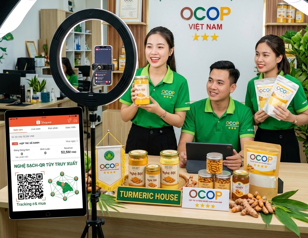 Cán bộ HTX Ngọc Sơn bán hàng trực tuyến và xúc tiến thương mại số