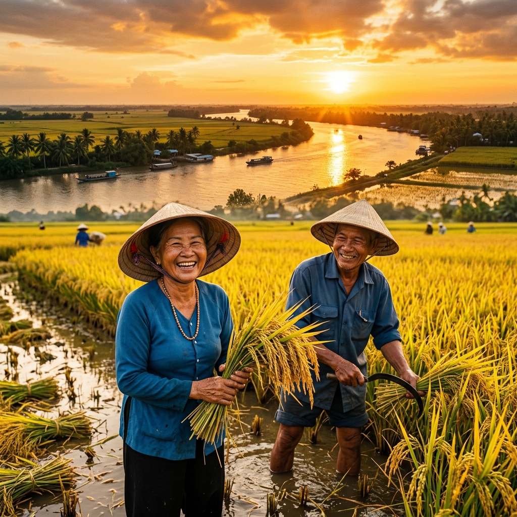 Nông dân TP Cần Thơ thu hoạch trong ánh hoàng hôn
