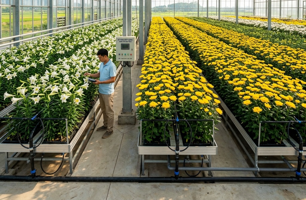Mô hình trồng hoa công nghệ cao trong nhà lưới HTX Hiệp Cường