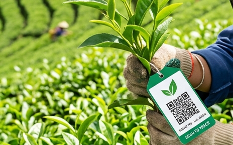 Người nông dân thực hiện quét mã QR truy xuất nguồn gốc tại vùng chè