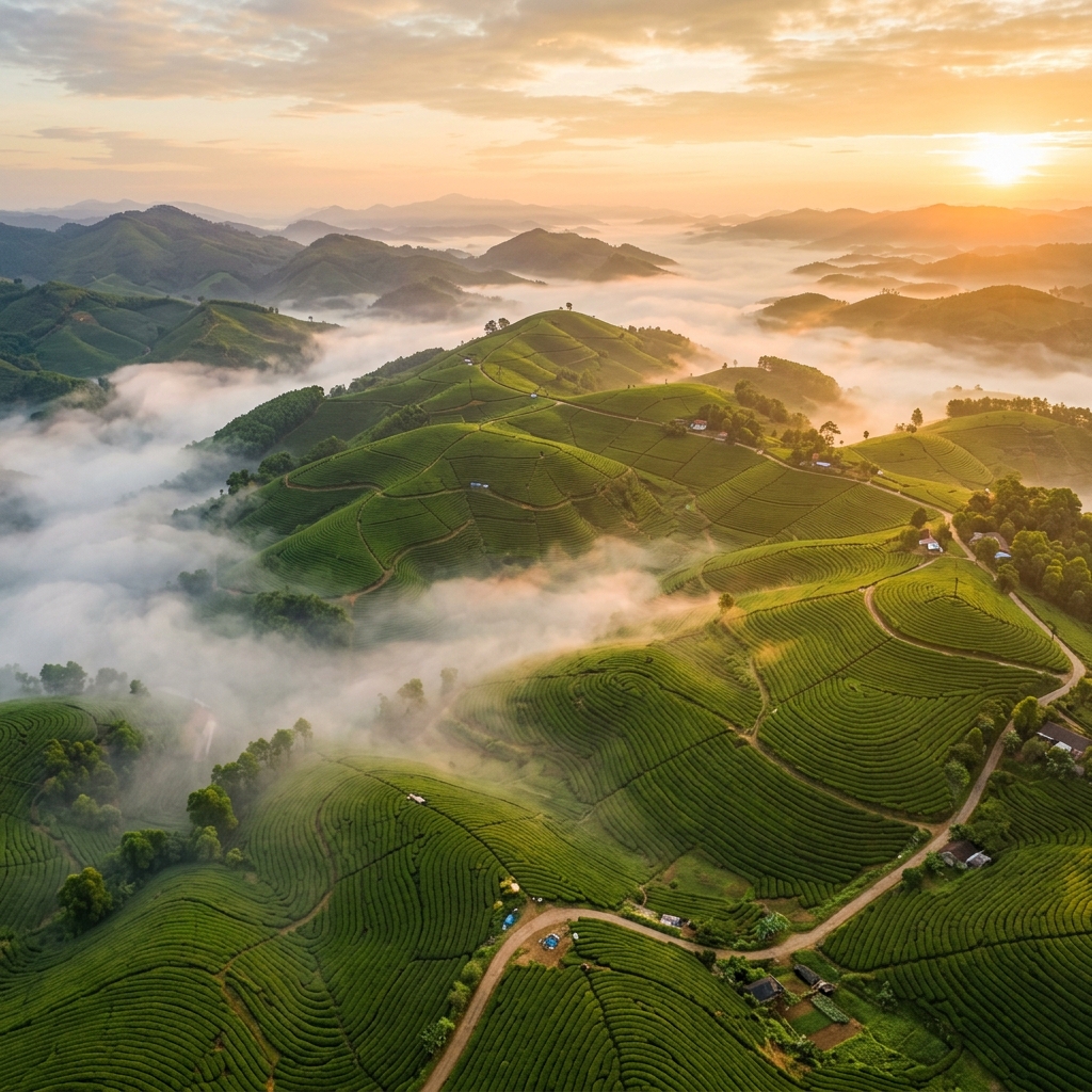 Đồi chè Chợ Mới Thái Nguyên lúc bình minh