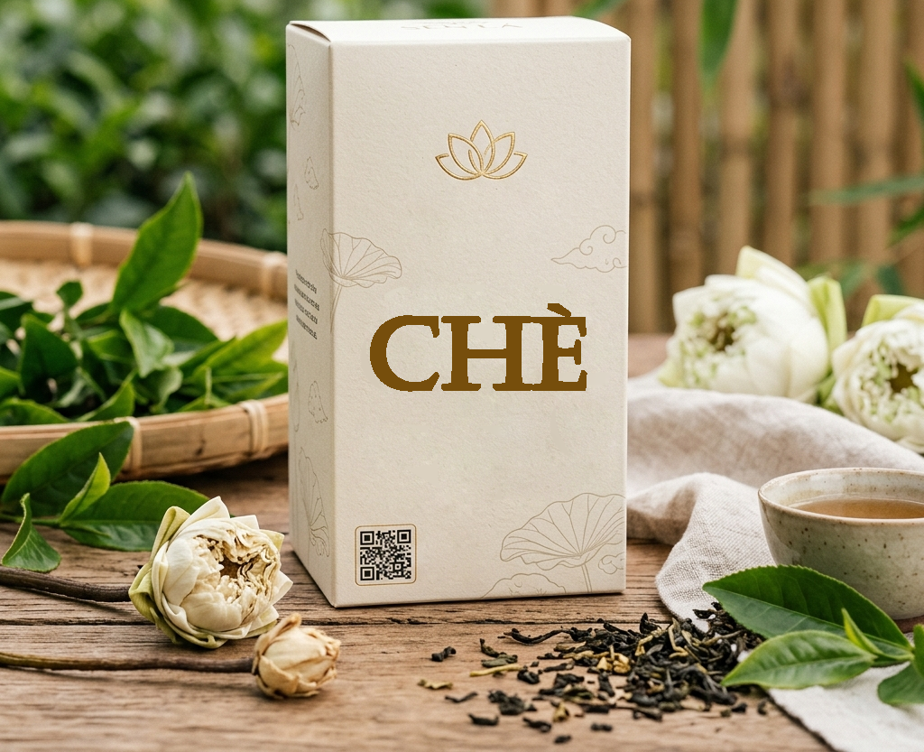 Bao bì sản phẩm chè hiện đại, tem QR và nhận diện thương hiệu