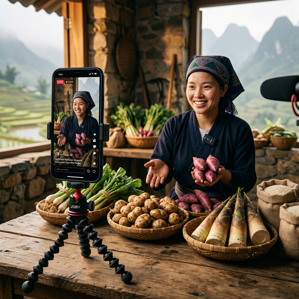 Smartphone livestream bán nông sản đặc sản vùng cao