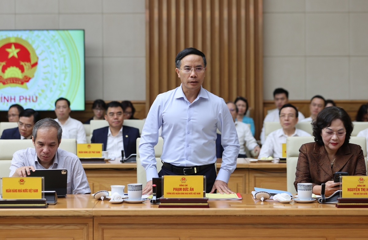 Thống đốc NHNN Phạm Đức Ấn báo cáo tại cuộc họp - Ảnh: VGP