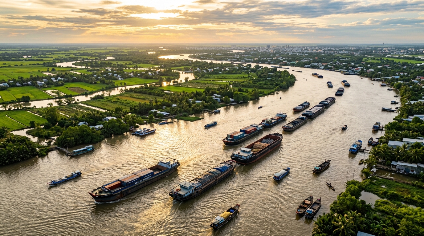 Đoàn tàu sà lan rẽ sóng trên dòng sông Tiền