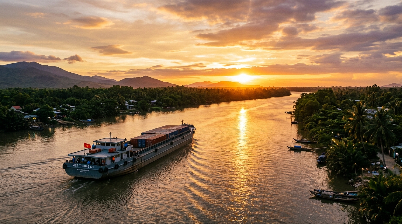 Hoàng hôn trên sông Tiền với con tàu sà lan rẽ sóng đi xa