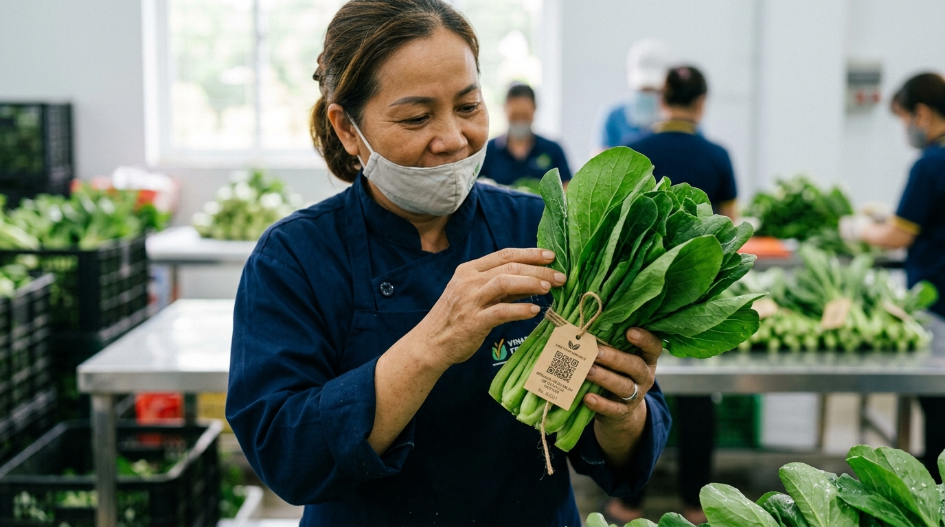 Bó rau sạch có mã QR và bàn tay người lao động đang kiểm tra tại khu đóng gói HTX Văn Giang